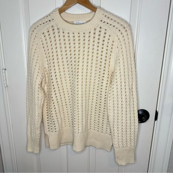Nordstrom Signature Creme Open Knit Cashmere Wool Blend Sweater Sz M Minimalist - Picture 2 of 8